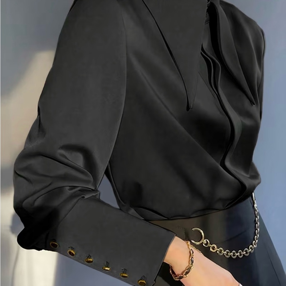 Elegant Black Satin Spearpoint Collar Women's Blouse